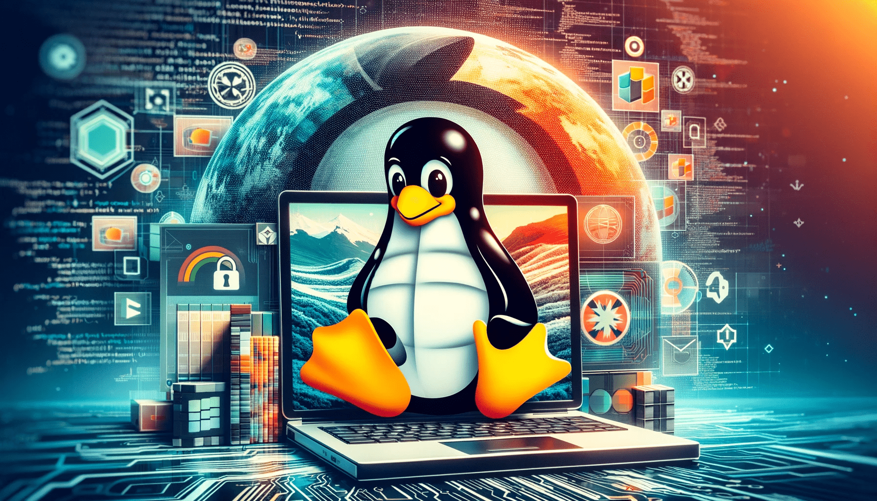 Linux operativsystem collage med Tux-maskoten foran en bærbar PC som viser Linux-grensesnittet, omgitt av kode, digitale landskap, og åpen kildekode symboler, som fremhever sikkerhet, fleksibilitet og fellesskapsdrevet utvikling.