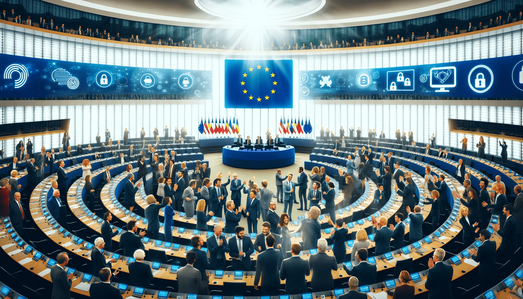 Optimistiske EU-parlamentarikere feirer suksessfull avstemning om Chatcontrol, i en lys og moderne parlamentssal, med symboler på sikker kommunikasjon.